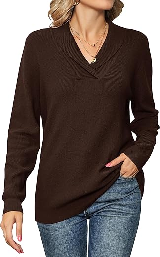 Ivicoer Women Long Sleeve V Neck Pullover Collar Knitted Sweaters