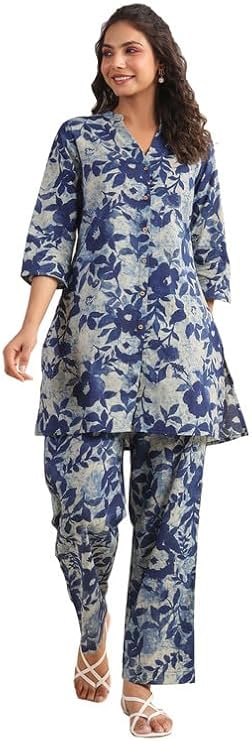 Janasya Indian Women'S Indigo Cotton Floral Regular Co-Ord Set