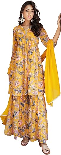 Janasya Indian Women'S Pink Georgette Digital Floral Printed Kurta With Palazzo And Dupatta