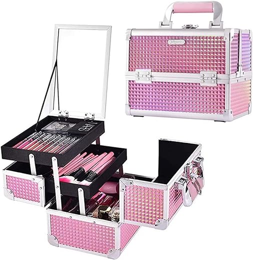 Joligrace Makeup Train Case Cosmetic Box Portable Makeup Case Organizer 2 Trays Makeup Storage With Mirror Locking For Cosmetologist Aesthetic Supplies Nail Tech Traveling Makeup Box Mermaid Pink