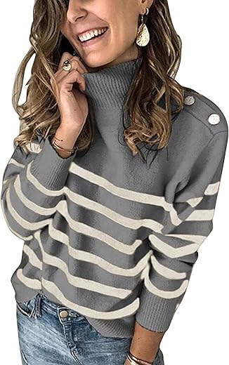 Kirundo Women'S 2024 Fall Winter Long Sleeve Knit Sweater Turtleneck Striped Loose Pullover Tops Deco With Metal Buttons