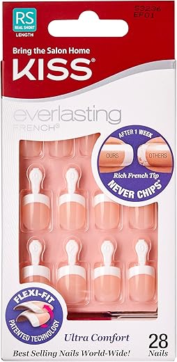 Kiss Everlasting French Nail Manicure, Chip-Free With Flexi-Fit Technology, Real Short, &Quot;Endless&Quot;, Nail Kit With Pink Nail Glue (Net Wt. 2 G / 0.07Oz.), Mini File, Manicure Stick, And 28 Fake Nails