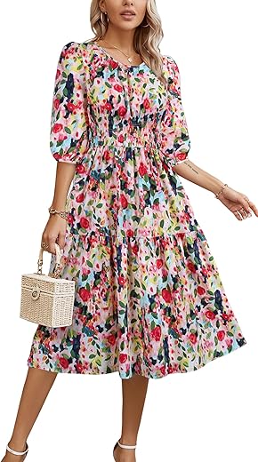 Kormei Women Summer Casual Boho Floral Round Neck Short Sleeve Smocked Waist Tiered Flowy Swing Midi Dress