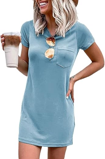 Ladiyo Women T Shirt Dress Summer Fashion Mini Dress Crew Neck Short Sleeve Dress Solid Color Casual Dress With Pocket