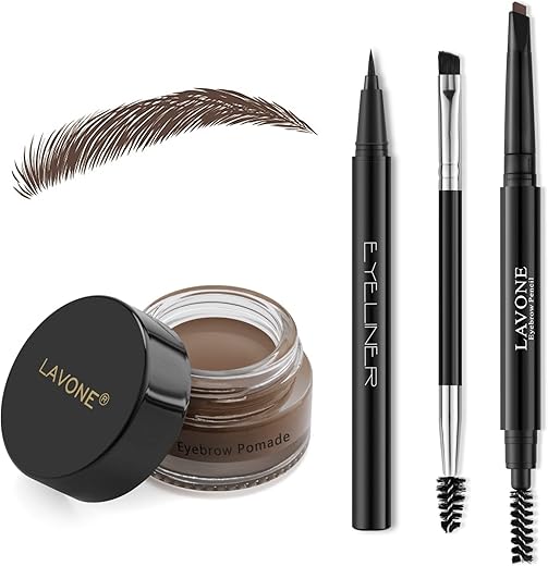 Lavone Eyebrow Stamp Pencil Kit For Eyebrows Makeup, With Waterproof Eyebrow Pencil, Eyeliner, Eyebrow Pomade, And Dual-Ended Eyebrow Brush - Dark Brown