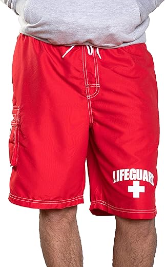 Lifeguard Officially Licensed Red Men'S Board Shorts Swim Trunks With Side Pocket, Men And Boys, Great For Beach &Amp; Pool