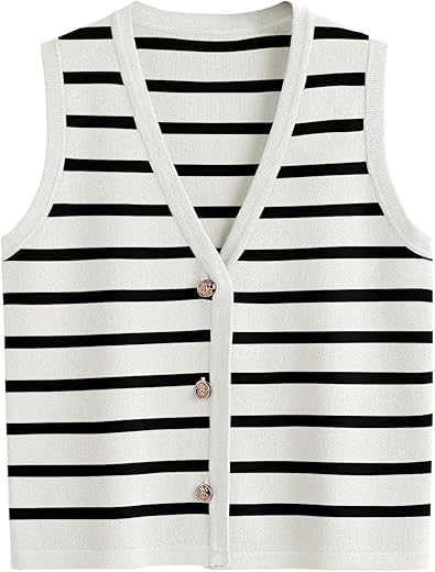 Lillusory Vest For Women Striped Dressy Tops Cropped Tank Tops 2024 Summer Sleeveless Button Up Cardigan Sweater Vests