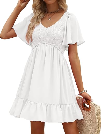 Lillusory Women'S Flowy Casual Mini Dresses 2024 Summer Smocked V Neck Flutter Sleeve Ruffle Dress With Pockets