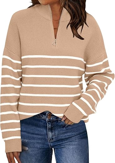 Lillusory Women'S Quarter Zip Striped Oversized Collar Pullover Sweater Knit Warm Clothes For Winter 2024 Trendy