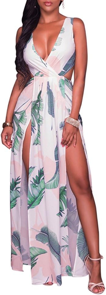 Lkous Women'S Floral Print Dresses, High Split Beach Hawaiian Long Dress,Swimwear Cover Ups Vacation Flowy Maxi Dress