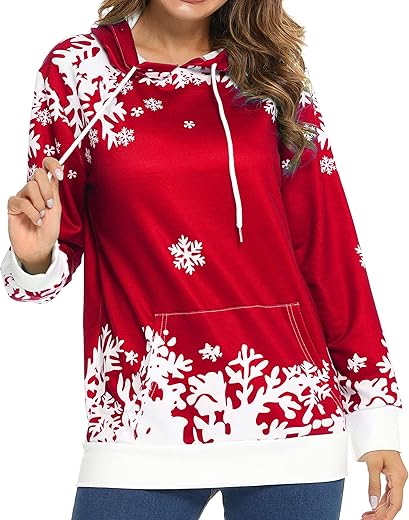 Lotucy Christmas Sweatshirt Women Snowflake Graphics Hoodie With Pocket Xmas Pullover Tops