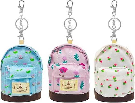 Lydztion 3Pcs Mini Backpack Cute Cosmetic Bag For Women,Floral Canvas Makeup Bag Key Pocket Lipstick Bag Card Holder Data Cable Organizer Zipper Pouch, Beige Pink Blue