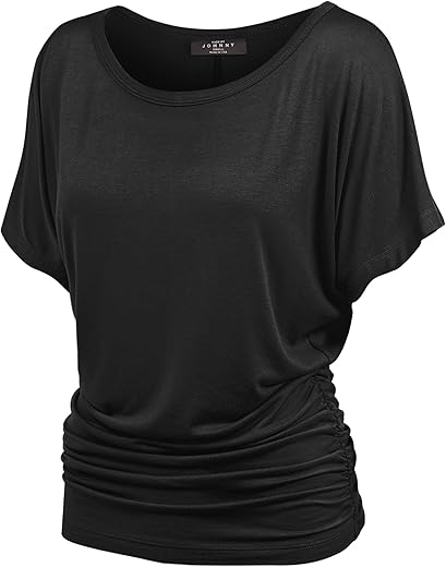 Made By Johnny Women'S Solid Short Sleeve Boat Neck V Neck Dolman Top With Side Shirring-Made In U.s.a.