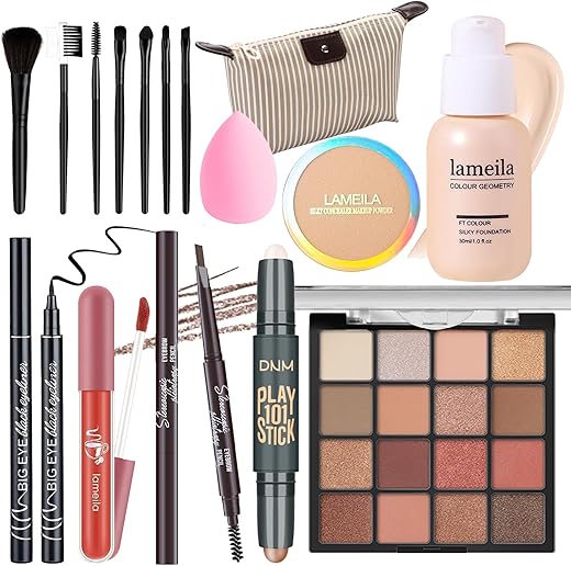 Makeup Set Full Kit For Girls Teens Women, Makeup Present Set, Includes Eyeshadow, Foundation, Counter Stick, Powder, Eyebrow Pencil, Eyeliner, Brushes, Lip Gloss, Sponge, Cosmetic Bag