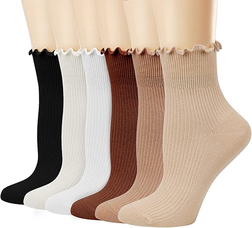 Mcool Mary Women'S Ruffle Socks,Casual Cute Ankle Socks Breathable Knit Cotton Soft Frilly Crew Socks For Women 6 Pack