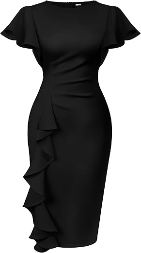 Memoriesea Women'S Vintage Church Ruffle Sleeve Ruched Bodycon Work Midi Pencil Dress