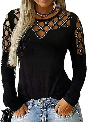 Memorose Long Sleeve Shirts For Women Oversized Crewneck Cut Hollow Rhinestone Tops Tshirts