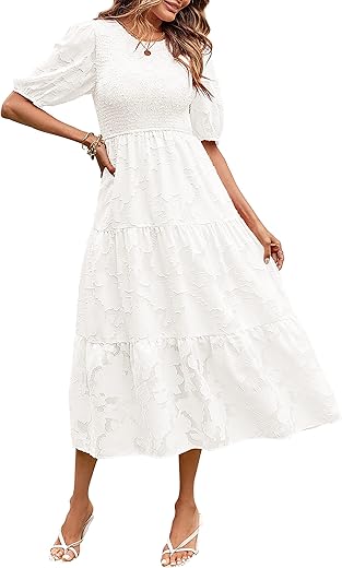 Merokeety Women'S 2024 Summer Puff Sleeve Smocked Floral Dress Crewneck Lace Flowy Tiered Midi Dresses