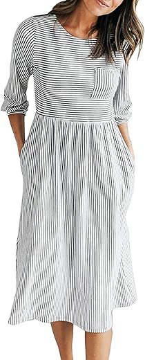 Merokeety Women'S 3/4 Balloon Sleeve Striped High Waist T Shirt Midi Dress With Pockets