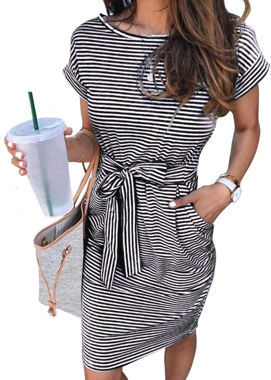 Merokeety Women'S Summer Striped Short Sleeve T Shirt Dress Casual Tie Waist With Pockets