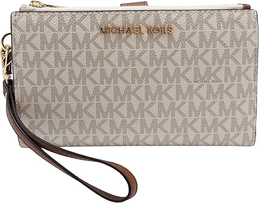 Michael Kors Jet Set Travel Double Zip Wristlet - Signature Pvc (Vanilla Pvc/Dark Acorn)