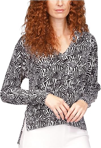 Michael Michael Kors Women’s Zebra Drop-Hem V-Neck Sweater In Black/White (Large)