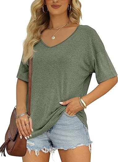 Mirol Women'S Half Sleeve T Shirts Fashion V Neck Oversized Loose Tops Solid Casual Basic Blouses