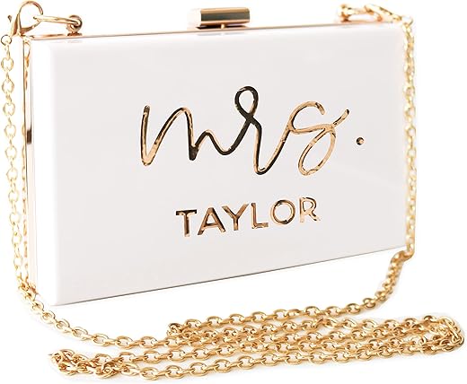 Modparty Mrs Personalized Clutch Purse | White &Amp; Gold Acrylic Bride Purse | Engagement, Bridal Shower Gift For Bride| Honeymoon Accessory | Crossbody With Removable Chain