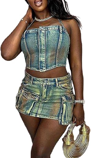 Molilove Women'S Denim 2 Piece Outfits Tank Top And Bodycon Mini Skirt With 3D Pocket Summer Sexy Jeans Set Tracksuit