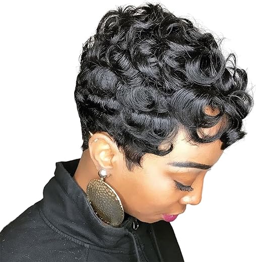 Moonshow Short Pixie Wigs For Black Women Short Black Curly Pixie Wigs Synthetic Hair Wigs For Black Women Natural Wavy Black Pixie Cut Wig Short Curly Layered Pixie Wig For Women(Natural Black)