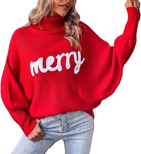 Muineobuka Women Merry Sweaters Turtleneck Long Sleeve Letter Print Loose Knitted Pullover Merry Christmas Sweater