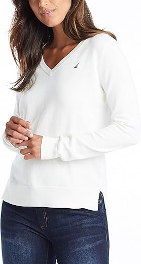 Nautica Women'S Effortless J-Class Long Sleeve 100% Cotton V-Neck Sweater