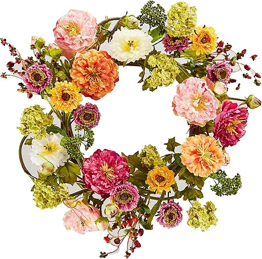 Nearly Natural 24&Quot; Peony Wreath, 24In, Mixed