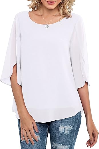 Neineiwu Womens Casual Scoop Neck Loose Top 3/4 Sleeve Chiffon Blouse Shirt Tops