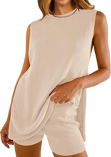 Nenona Women'S Summer Sleeveless Sweater Sets Casual Knit Tunic Tops And Shorts 2 Piece Outfits