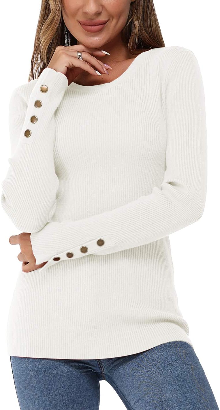 Newshows Women'S Fall Fashion 2023 Long Sleeve Crew Neck Knit Casual Lightweight Button Stretch Winter Pullover Sweater Tops