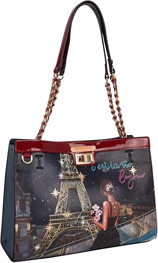 Nicole Lee Tonight For You Handbag, Medium Chain Link Vegan Leather Shoulder Bag With Twist Lock Closure, Embellished Paris Print