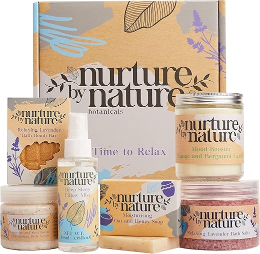 Nurture By Nature Relax &Amp; Calm Spa Kit, Spa Gift Baskets For Women - Complete Bath Sets For Women Gift - Lavender Pillow Mist, Bath Salts, Soap, Bath Bomb, Candle, Body Scrub - Self Care Gift Basket