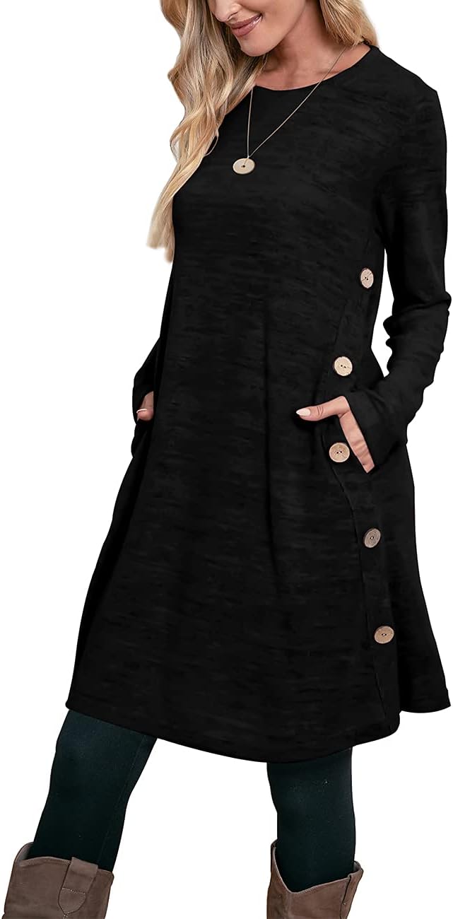 Ofeefan Women'S Long Sleeve Dresses Tunic Dress With Pockets Buttons Side