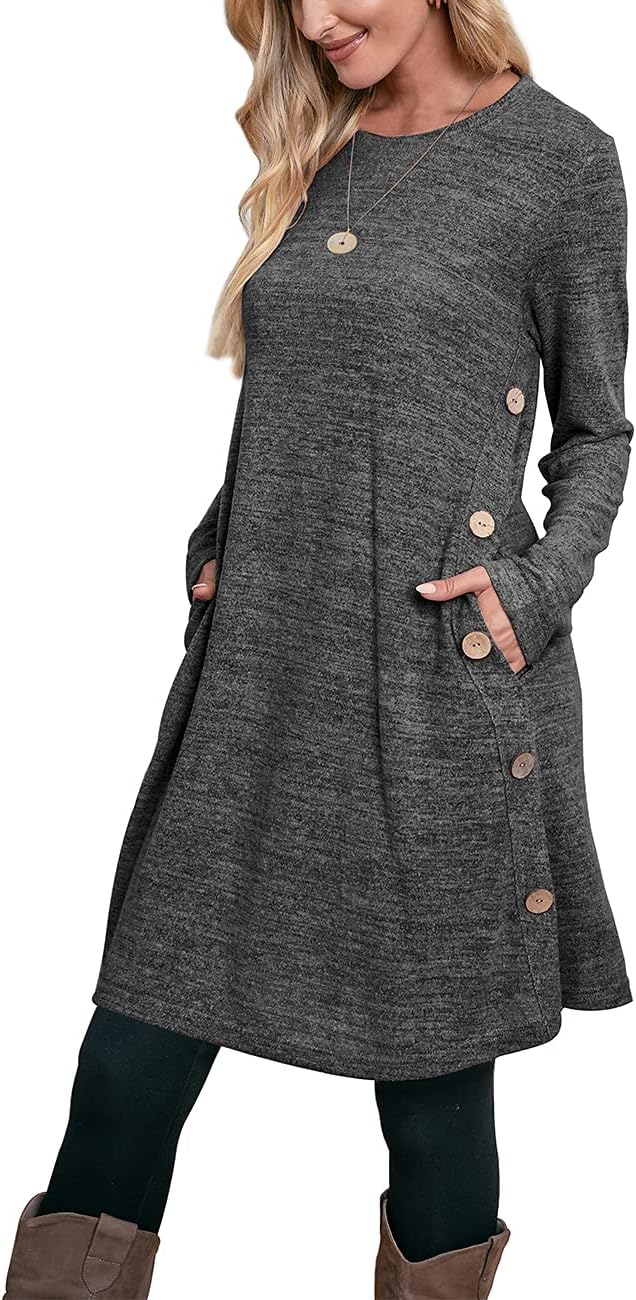 Ofeefan Women'S Long Sleeve Dresses Tunic Dress With Pockets Buttons Side