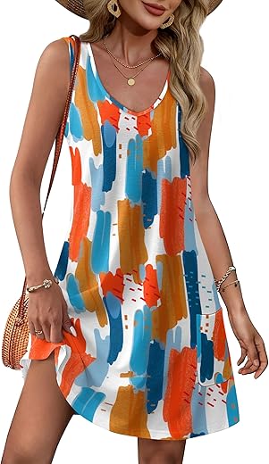 Ofeefan Womens Summer Dresses 2024 Loose V Neck Sleeveless Sundresses Swimsuit Coverup With Pockets Floral/Plain/Eyelet