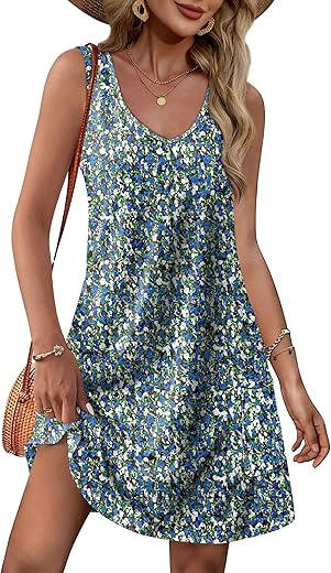 Ofeefan Womens Summer Dresses 2024 Loose V Neck Sleeveless Sundresses Swimsuit Coverup With Pockets Floral/Plain/Eyelet