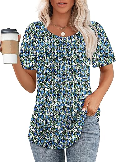 Ofeefan Womens T Shirts Short Sleeve Pleated Dressy Casual Scooped Neck Summer Tops Blouses