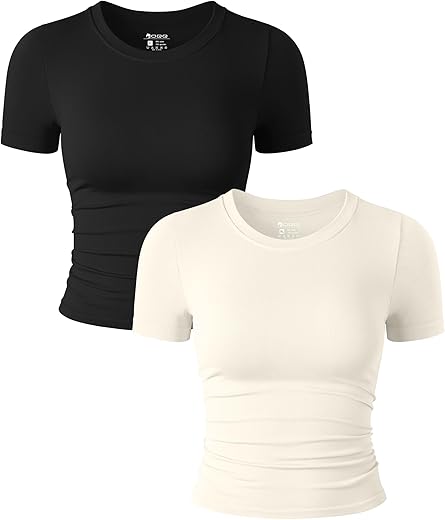 Oqq Womens 2 Piece Shirts Short Sleeve Crew Neck Ruched Stretch Fitted Tee Shirts Crop Tops