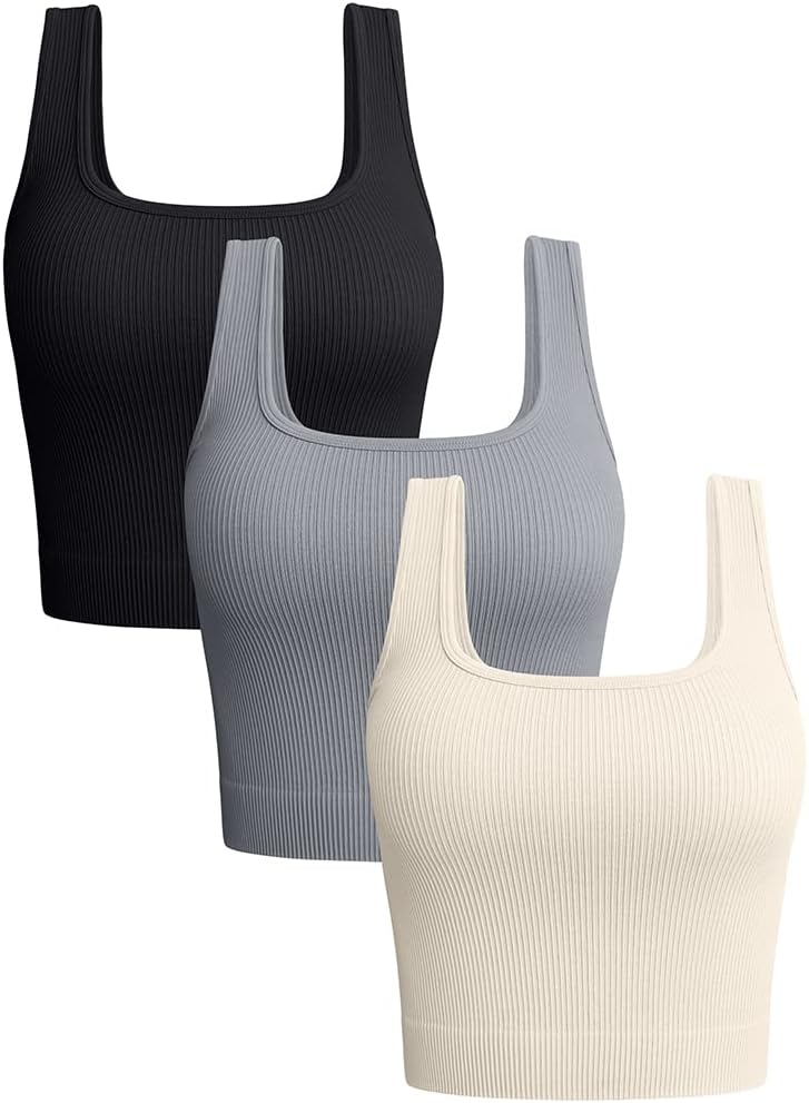 Oqq Women'S 3 Piece Tank Tops Ribbed Seamless Workout Exercise Shirts Yoga Crop Tops