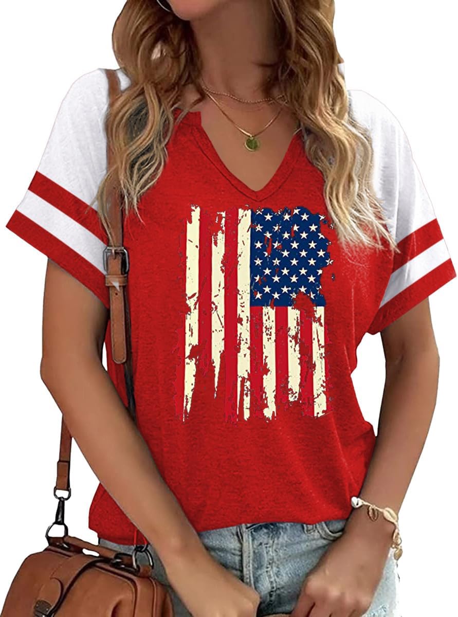 Patriotic V Neck Shirts 4Th Of July For Women American Flag Graphic Tee Casual Color Block Short Sleeve Summer Tops