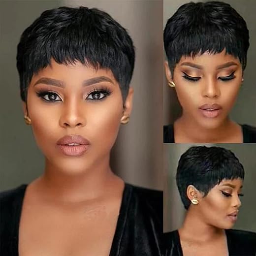 Pixie Cut Wig Human Hair Short Pixie Cut Wigs For Black Women Human Hair Glueless Pixie Wig Layered None Lace Front Wig With Bangs Natural Straight Full Machine Made Wig 1B Color