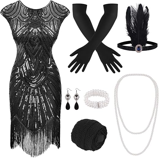 Plulon 1920S Sequin Beaded Fringed Flapper Dress With 20S Accessories Set