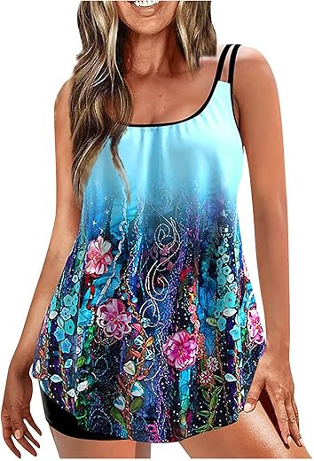 Plus Size Tankini Swimsuits For Women Two Pieces Floral Print Boy Shorts Bathing Suit Tummy Control Tankini Set