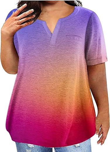 Plus Size Tops For Women Summer Tie Dye Gradient Tops V-Neck Short Sleeve Oversized T Shirts Casual Blouses Ribbed